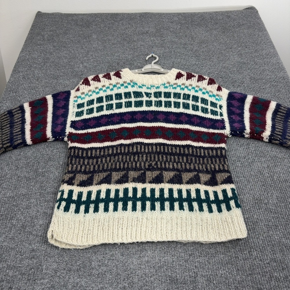 Vintage Rey Wear Sweater Mens XL Cream Wool Geometric Handmade Ecuador Boho